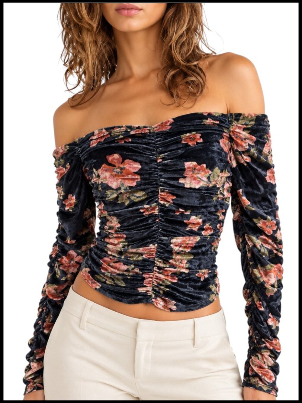 Free People Reina Crop Top Navy Pink Velvet Off Shoulder XS
